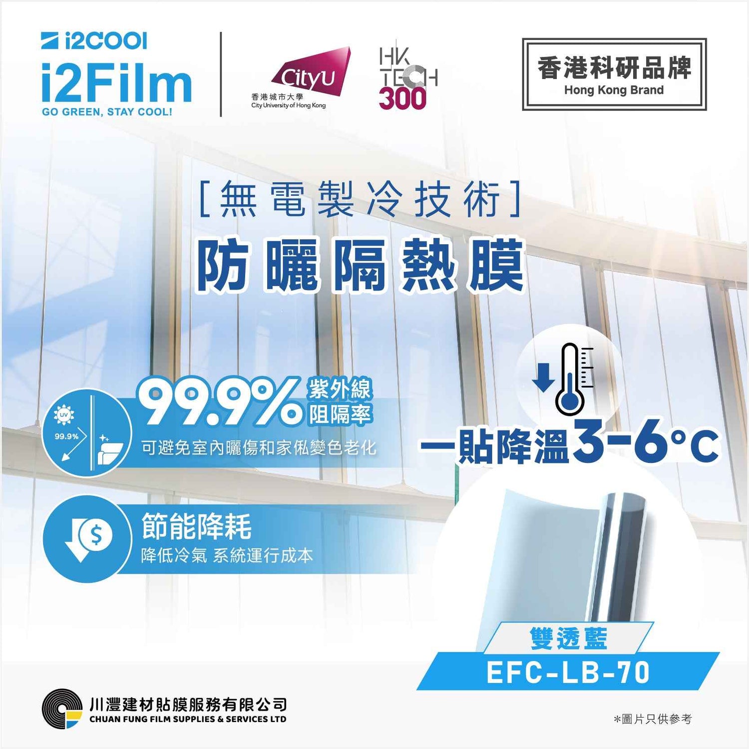 i2Cool i2Film 防曬隔熱膜【無電製冷技術】- 雙透綠EFC-G-70