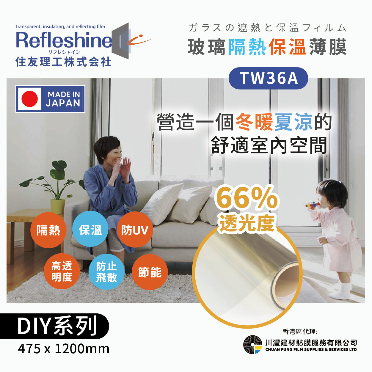 Refleshine 玻璃隔熱保溫薄膜 TW36A【DIY 475*1200MM】 - 川灃建材貼膜服務有限公司